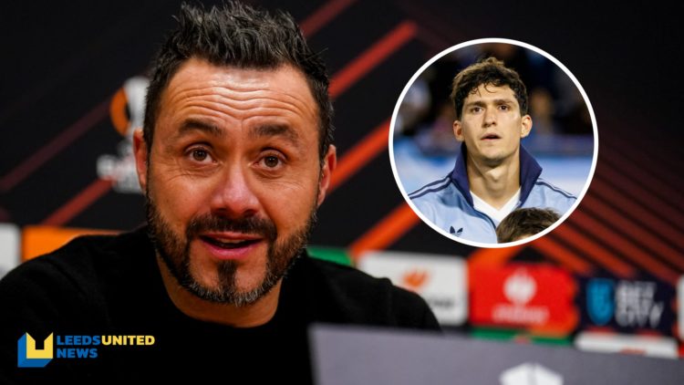 Former Brighton manager Roberto De Zerbi speaks during a Europa League press conference. Inset a picture of Marseille defender Leonardo Balerdi.