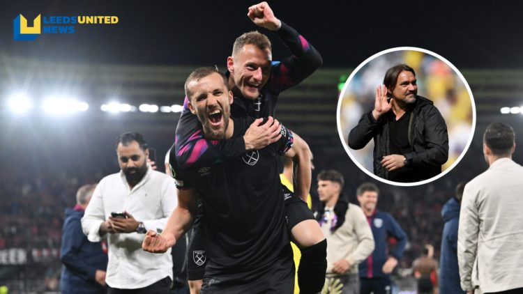West Ham duo Vladimir Coufal and Tomas Soucek celebrate together. Inset a picture of Leeds United manager Daniel Farke cupping his ear.