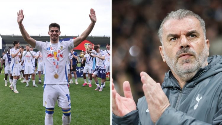 Manor Solomon celebrates Leeds' title as Ange Postecoglou applauds his Tottenham side.