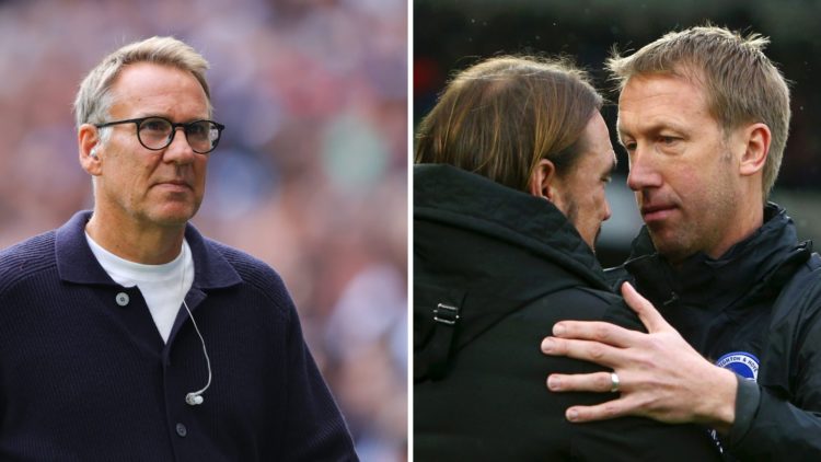 Paul Merson during his work as a pundit while Daniel Farke and Graham Potter embrace ahead of a game between Brighton and Norwich.