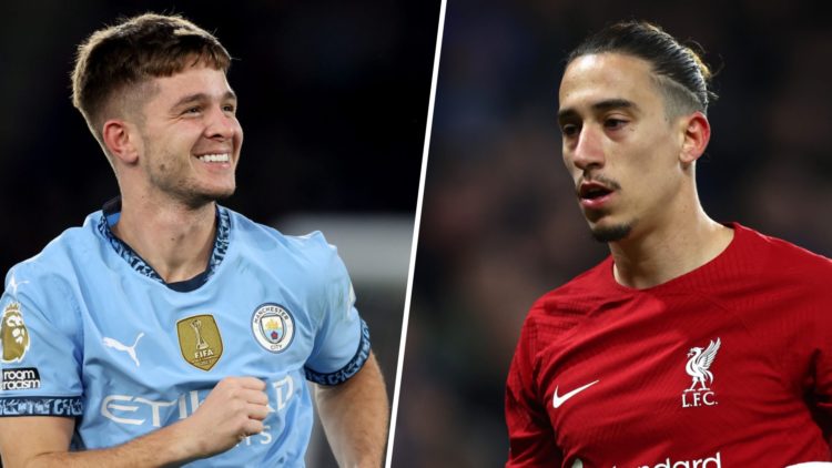 Split image: Manchester City midfielder James McAtee smiling (L). Liverpool's Konstantinos Tsimikas (R).