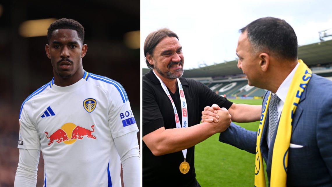 Split image of Leeds United player Junior Firpo and Leeds manager Daniel Farke with Leeds chairman Paraag Marathe.