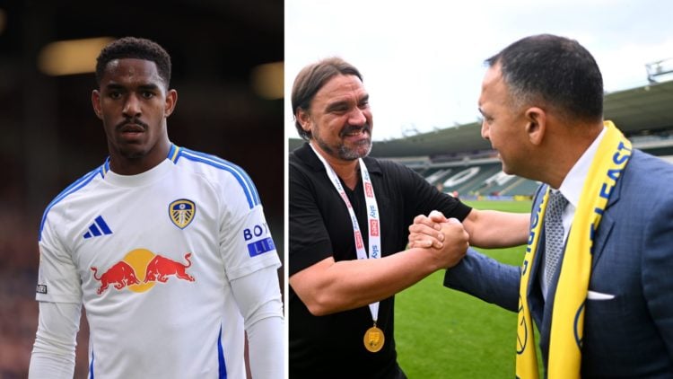 Split image of Leeds United player Junior Firpo and Leeds manager Daniel Farke with Leeds chairman Paraag Marathe.