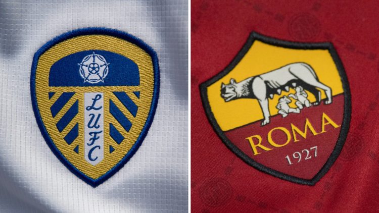 Leeds United's badge and AS Roma's emblem.