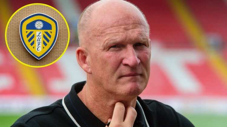 Inset, Leeds United badge on Elland Road. Former Leeds United manager Simon Grayson in 2021.