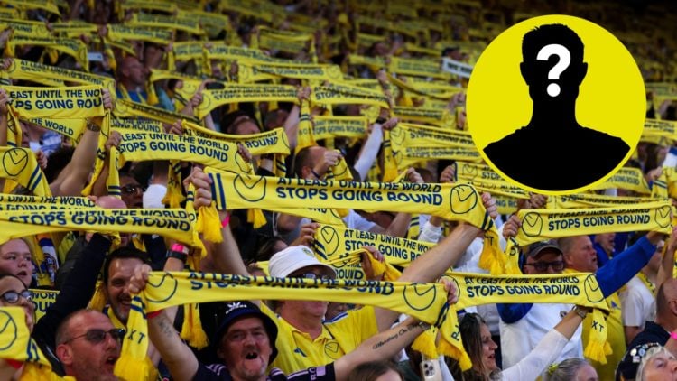 Leeds United fans holding their scarves up during Bristol City win in 2025. Inset, LUN Mystery Player Icon.