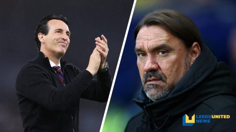 Split image of Aston Villa manager Unai Emery celebrating with the fans, and Leeds United manager Daniel Farke looking on.