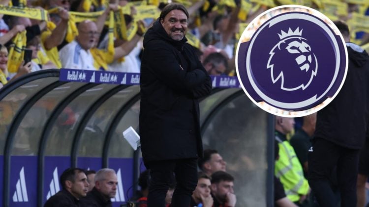 Leeds United manager Daniel Farke in 2025. Inset, Premier League logo.