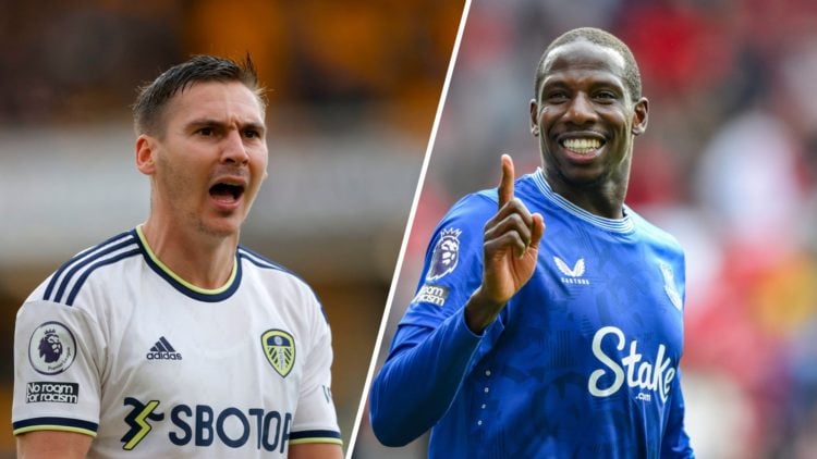 Split image: Leeds United defender Max Wober shouting (L). Abdoulaye Doucoure smiles and holds up a finger (R).
