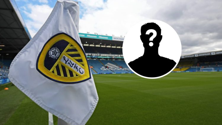 Leeds United's Elland Road stadium viewed from the corner flag. Inset a picture of a mystery player.