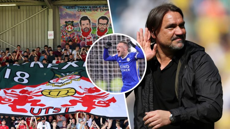Split image of Wrexham fans and Leeds United manager Daniel Farke. Inset, Leicester City striker Jamie Vardy.