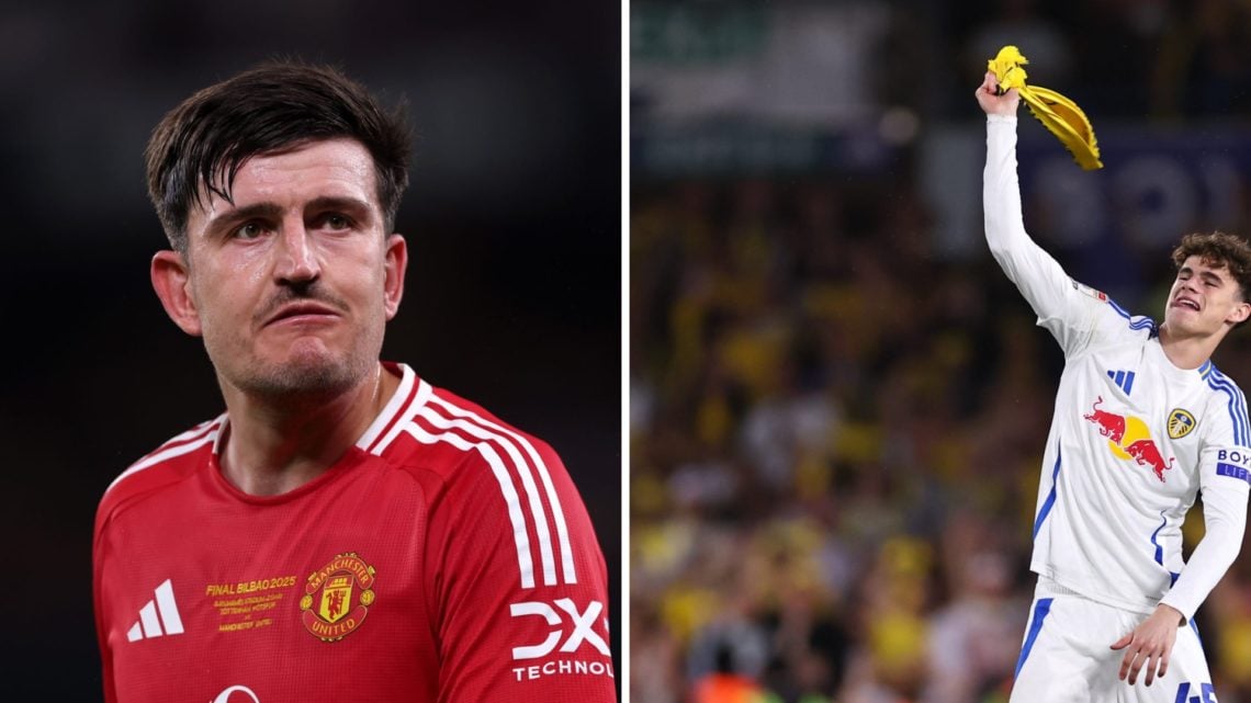 Harry Maguire during the Europa League final and Harry Gray celebrating promotion with Leeds.