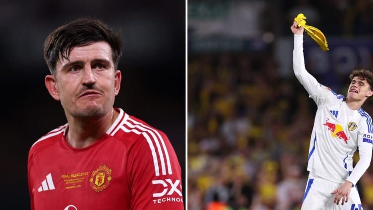Harry Maguire during the Europa League final and Harry Gray celebrating promotion with Leeds.