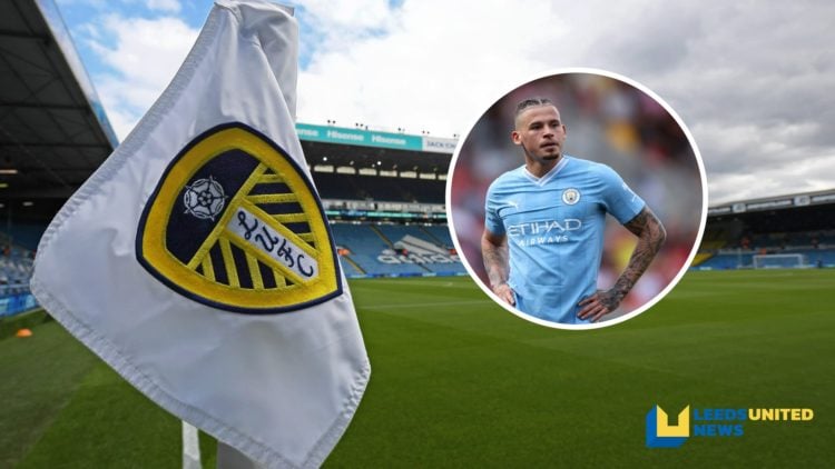 Leeds United's Elland Road stadium viewed from the corner flag. Inset a picture of a Man City midfielder Kalvin Phillips.