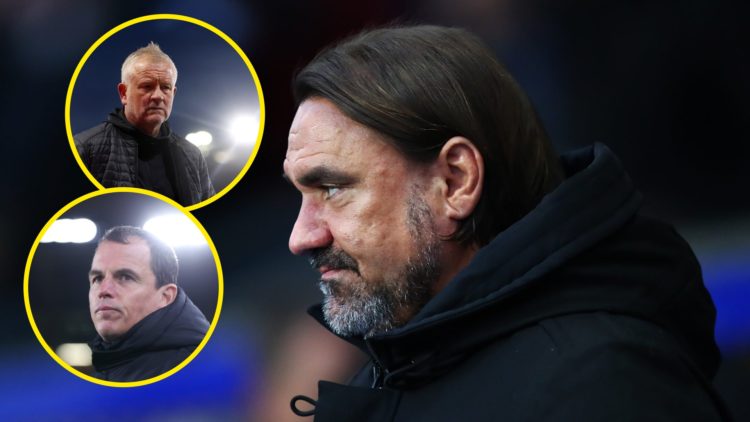 Daniel Farke, manager of Leeds United. Inset, Sheffield United boss Chris Wilder. Inset, Sunderland manager Regis Le Bris.