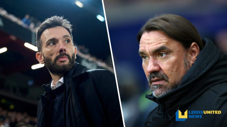 Split image of Valencia manager Carlos Corberan and Leeds United manager Daniel Farke during matches.