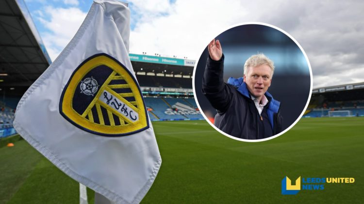 Leeds United's Elland Road stadium viewed from the corner flag. Inset a picture of Everton manager David Moyes waving.