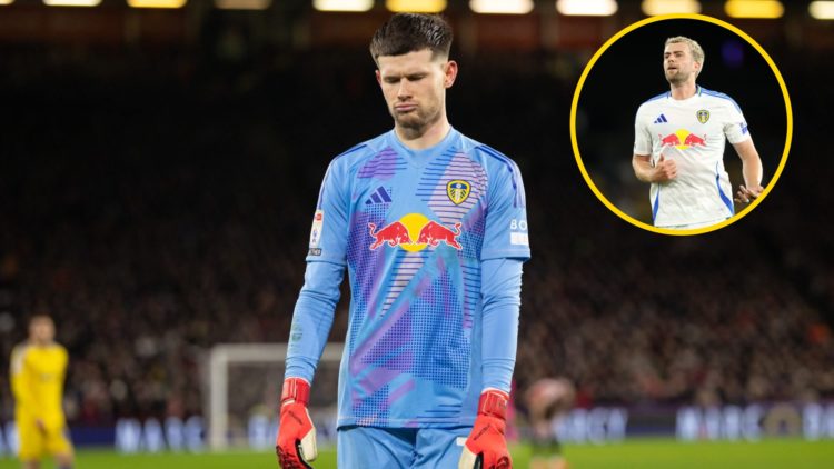 Leeds United goalkeeper Illan Meslier in 2025. Inset, Leeds United player Patrick Bamford.
