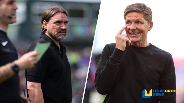 Split image of Leeds United manager Daniel Farke and Crystal Palace manager Oliver Glasner on the sidelines.
