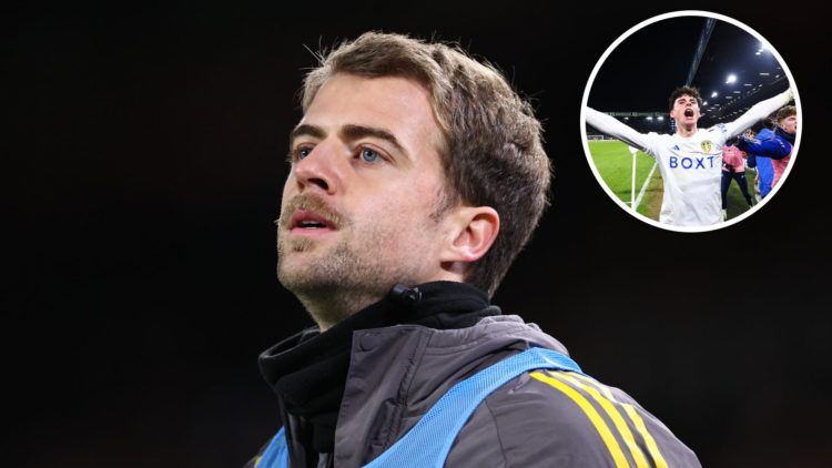 Patrick Bamford warming up for Leeds United in 2024. Inset, Archie Gray celebrating for Leeds United in 2024.