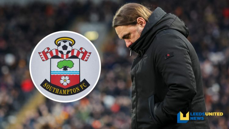 Leeds United manager Daniel Farke looks down during a Championship game. Inset a picture of the official Southampton FC club badge.