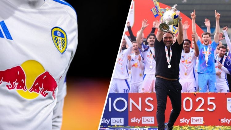 Split image of the Red Bull Logo on Leeds United's shirt and Daniel Farke, manager of Leeds United.