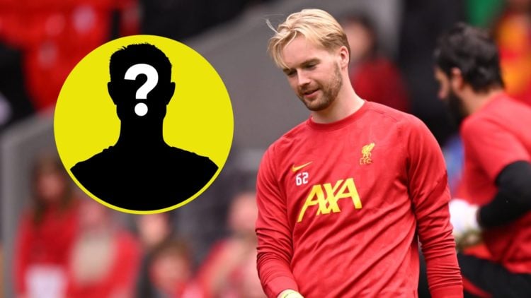 Liverpool goalkeeper Caoimhin Kelleher warms up. Inset: Mystery figure.