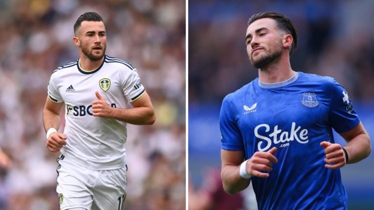 Jack Harrison playing for Leeds in 2022-23 and now, with Everton.