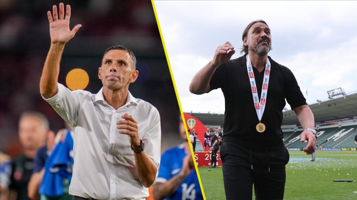 Split image of Gus Poyet as manager of Greece in 2024 and Daniel Farke, Leeds United manager in 2025.