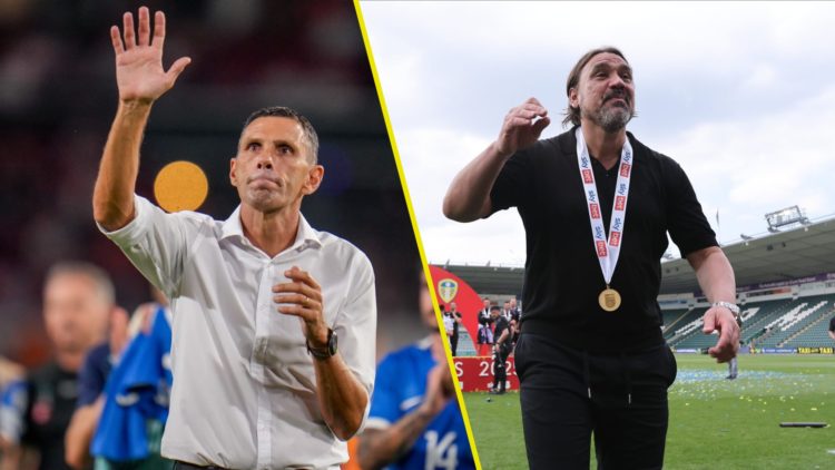 Split image of Gus Poyet as manager of Greece in 2024 and Daniel Farke, Leeds United manager in 2025.
