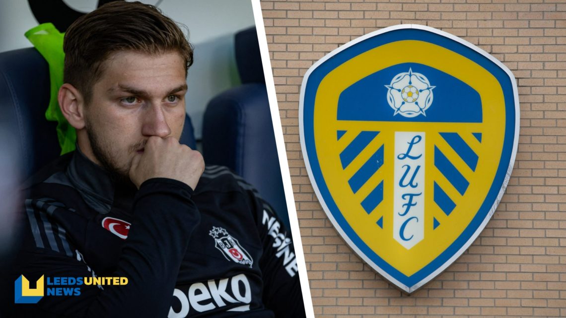 Split image of Besiktas forward Semih Kilicsoy looking gloomy sitting on the bench, and the official Leeds United club crest.