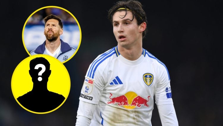 Leeds United midfielder Brenden Aaronson in 2025. Inset, Lionel Messi for Argentina in 2024. Inset, LUN Mystery Player.