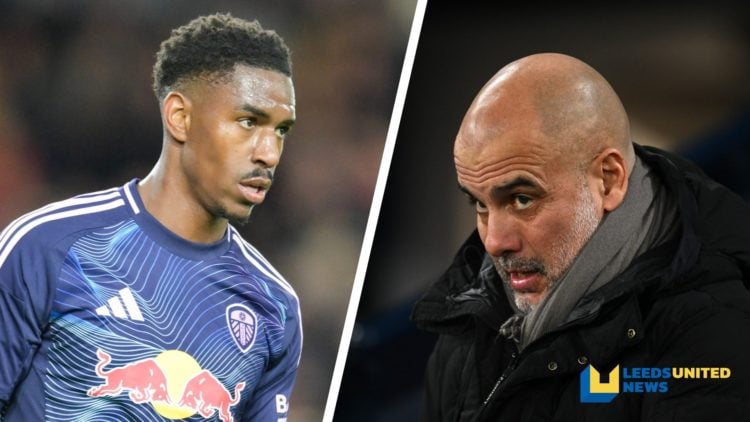 Split image of Leeds United defender Junior Firpo during a game, and Man City manager Pep Guardiola standing on the sidelines.