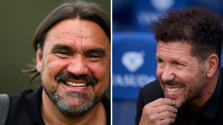 Daniel Farke ahead of a Leeds game, as Diego Simeone watches Atletico Madrid from the dugout.