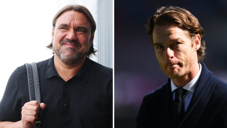 Split image of Leeds United manager Daniel Farke and Burnley manager, Scott Parker.