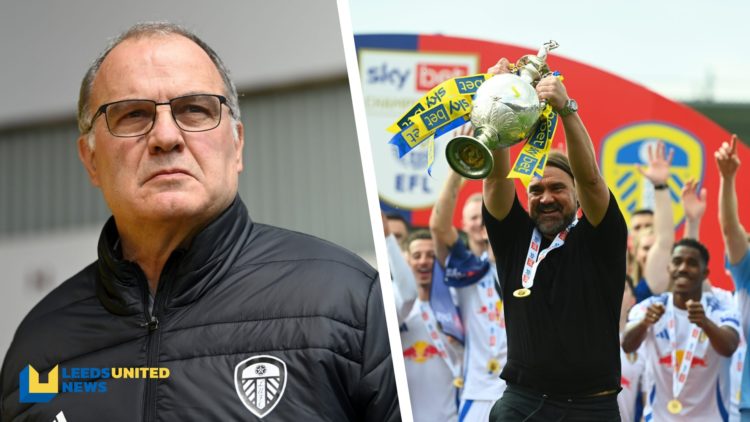 Split image of former Leeds United manager Marcelo Bielsa before a game, and current Leeds United manager Daniel Farke lifting the Championship tro...