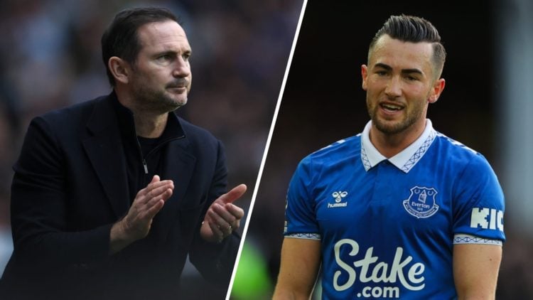 Split image: Coventry City manager Frank Lampard applauds (L) and Jack Harrison in action for Everton.