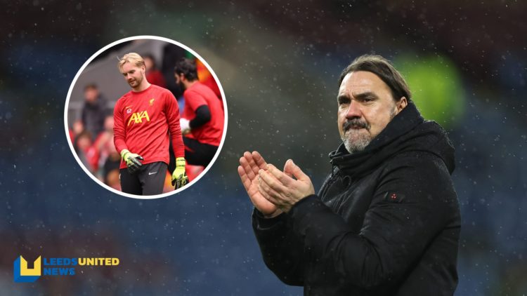 Leeds United manager Daniel Farke claps the supporters. Inset a picture of Liverpool goalkeeper Caoimhin Kelleher warming up before a game.