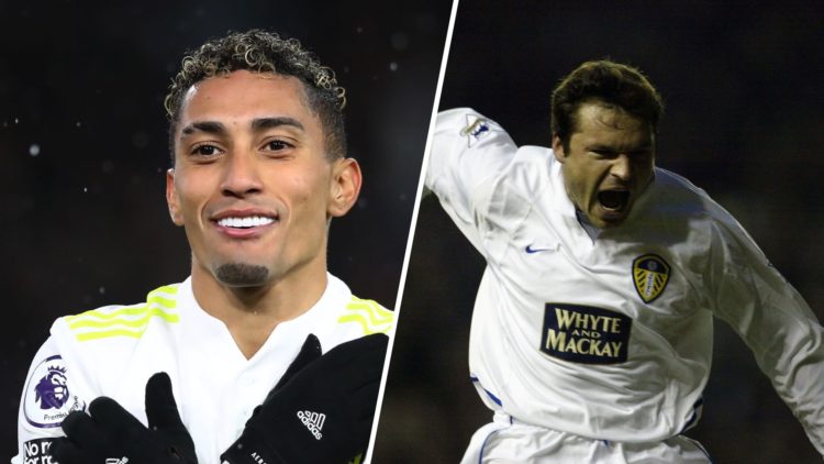 Split image of Raphinha and Mark Viduka of Leeds United
