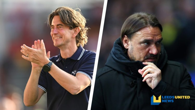 Split image of Brentford manager Thomas Frank applauding the fans, and Leeds United manager Daniel Farke.
