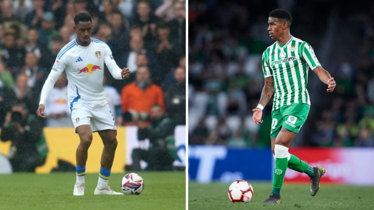 Junior Firpo in action for Leeds this season, and during his Real Betis days.