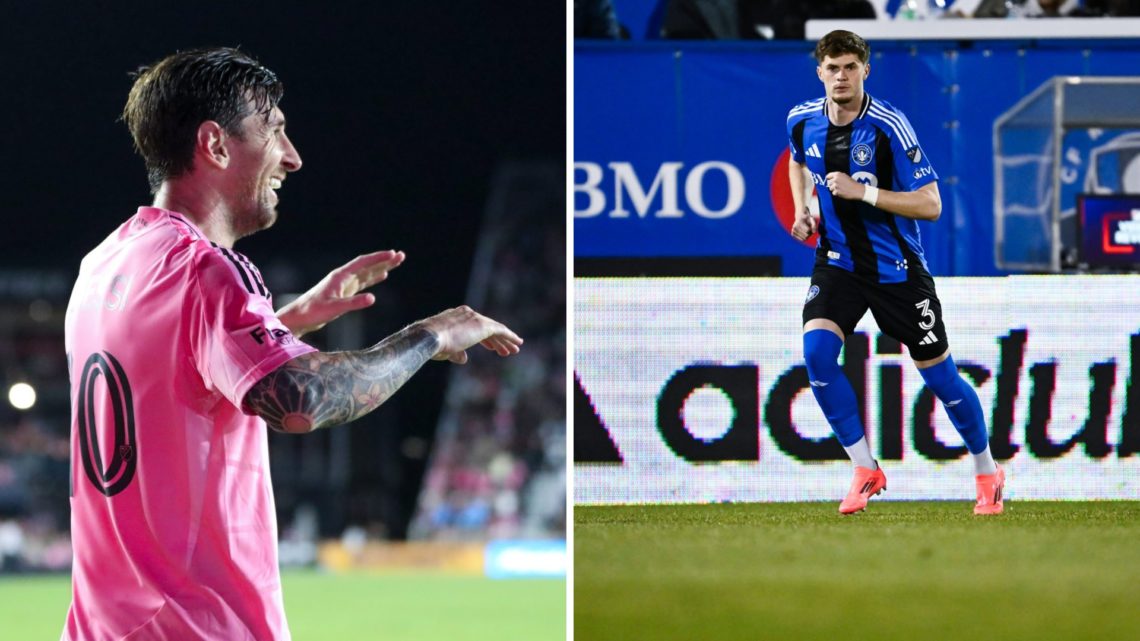 Lionel Messi celebrates scoring for Inter Miami last night against Tom Pearce's Montreal.