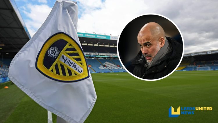 Leeds United's Elland Road stadium viewed from the corner flag. Inset a picture of a Man City manager Pep Guardiola.