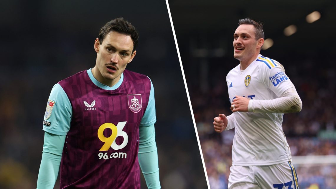 Split image of Connor Roberts playing for Burnley in 2025 and Roberts on loan with Leeds United in 2024.