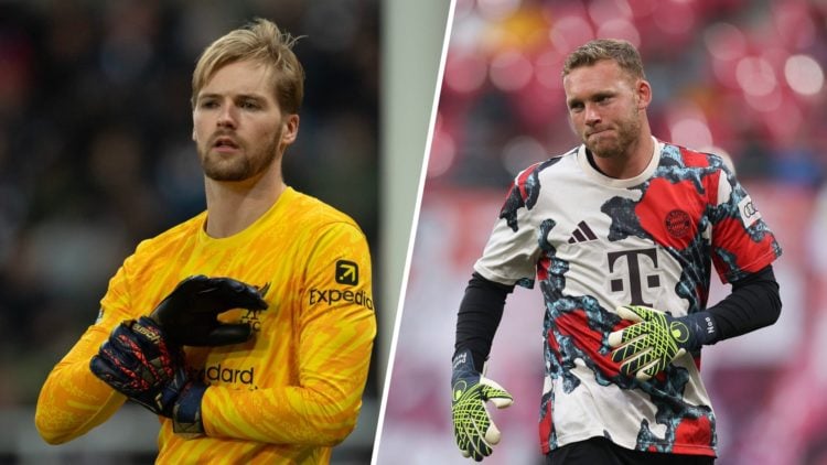Split image of Liverpool goalkeeper Caoimhin Kelleher in 2024 and Bayern Munich star Daniel Peretz.