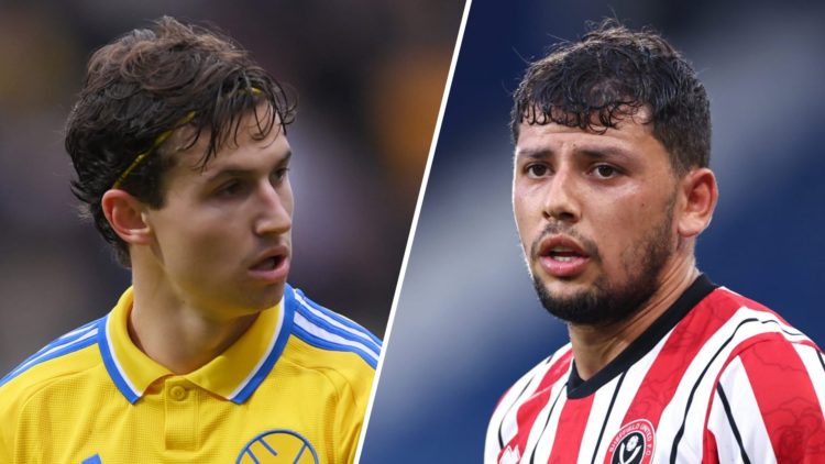 Split image: Leeds United midfielder Brenden Aaronson in action (L). Gustavo Hamer of Sheffield United (R).