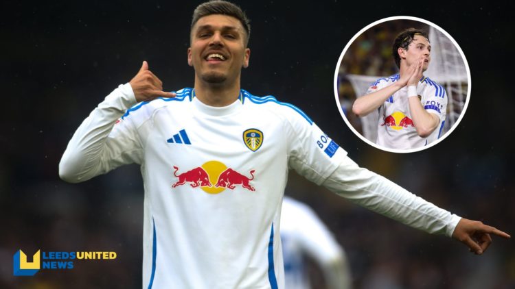 Leeds United striker Joel Piroe celebrates scoring a goal. Inset a picture of Brenden Aaronson playing for Leeds United.