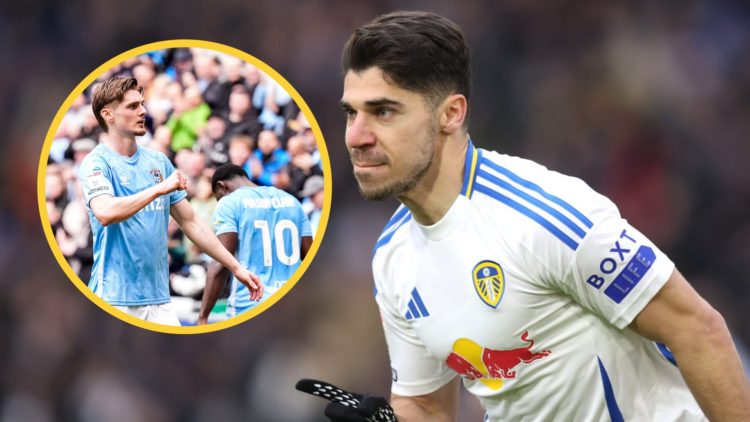 Manor Solomon points in celebration for Leeds United. Inset: Jack Rudoni celebrates a goal for Coventry City.