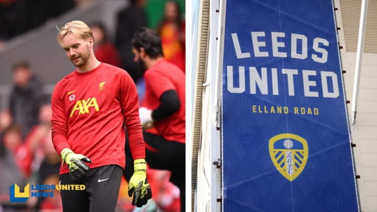 Split image of Liverpool goalkeeper Caoimhin Kelleher warming up before a game, and a general image of Leeds United's Elland Road stadium.