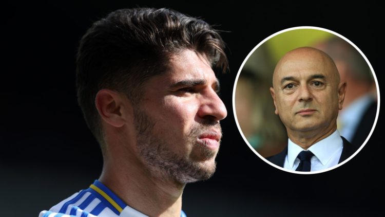 Close up of Manor Solomon in action for Leeds United. Inset: Tottenham chairman Daniel Levy.